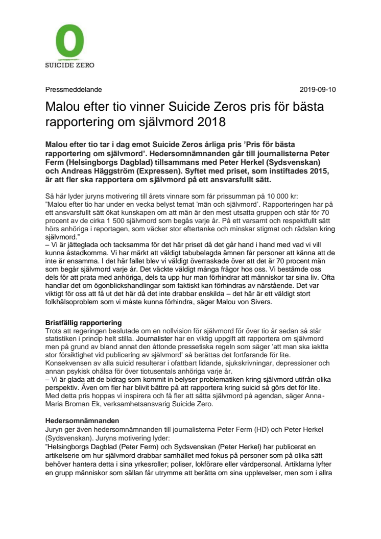 Malou efter tio vinner Suicide Zeros pris för bästa rapportering om självmord 2018