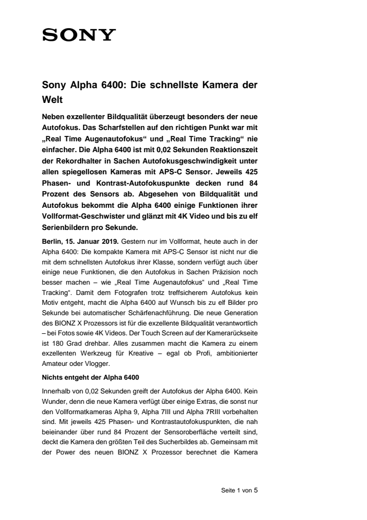 Sony Alpha 6400: Die schnellste Kamera der Welt