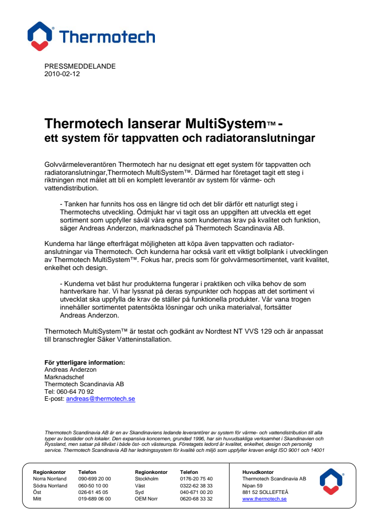 Thermotech lanserar MultiSystem™ - ett system för tappvatten och radiatoranslutningar