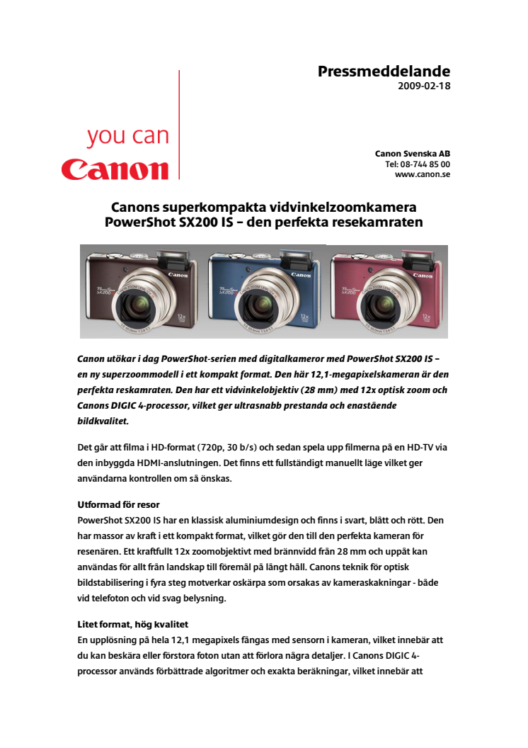 Canons superkompakta vidvinkelzoomkamera PowerShot SX200 IS – den perfekta resekamraten 