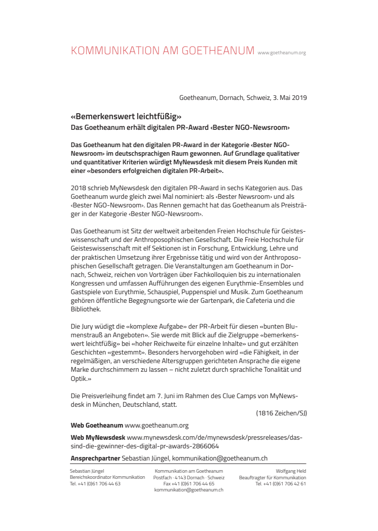«Bemerkenswert leichtfüßig». ​Das Goetheanum erhält digitalen PR-Award ‹Bester NGO-Newsroom›