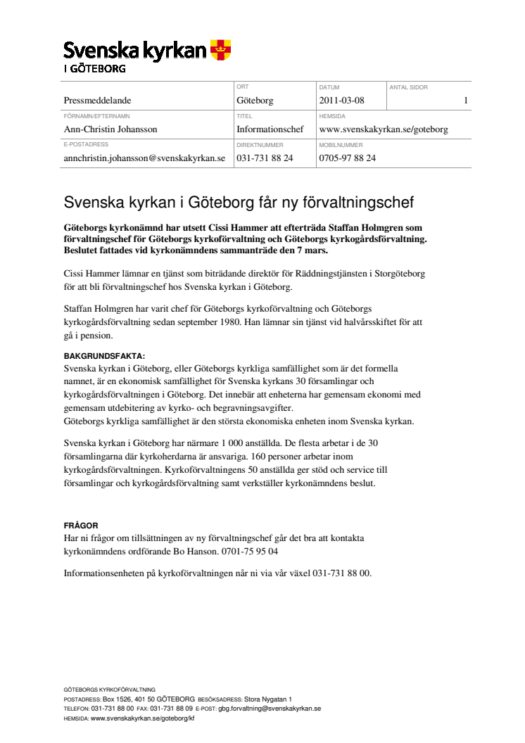 Svenska kyrkan i Göteborg får ny förvaltningschef