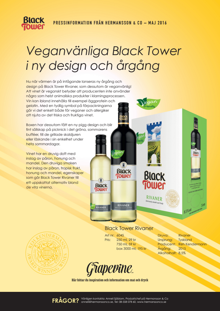 Veganvänliga Black Tower Rivaner i ny design och årgång