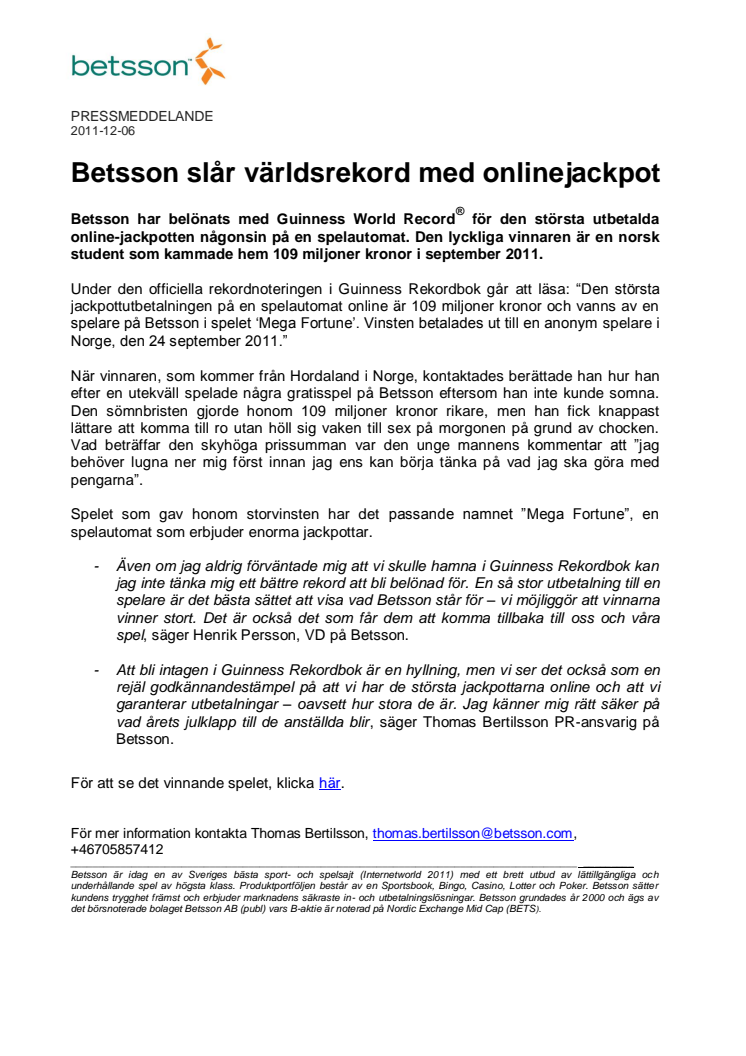 Betsson slår världsrekord med onlinejackpot