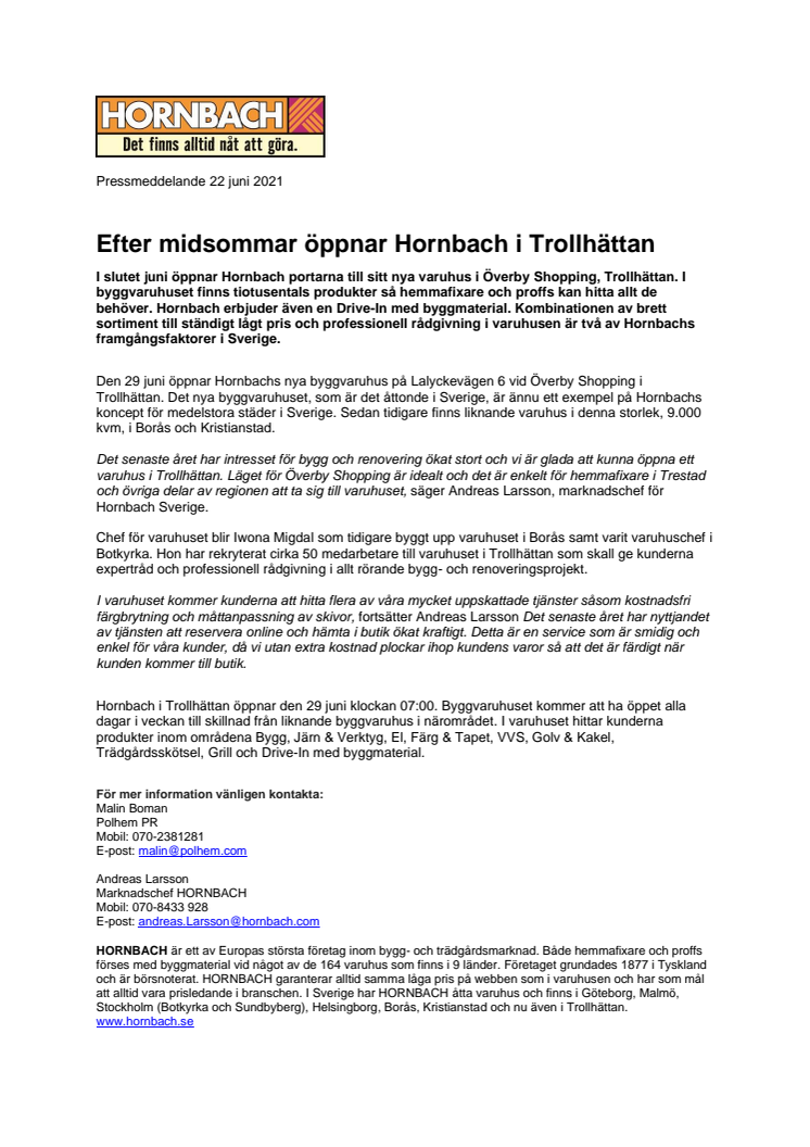 Hornbach öppnar nytt varuhus i Trollhättan