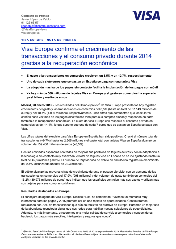 Visa Europe confirma el crecimiento de las transacciones y el consumo privado durante 2014 gracias a la recuperación económica