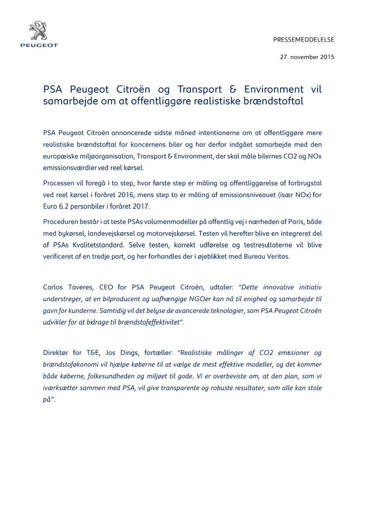 PSA Peugeot Citroën og Transport & Environment vil samarbejde om at offentliggøre realistiske brændstoftal