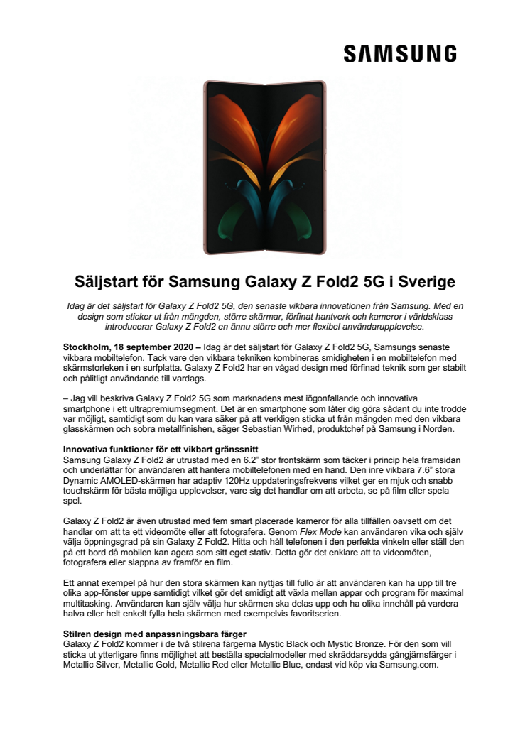 Säljstart för Samsung Galaxy Z Fold2 5G i Sverige