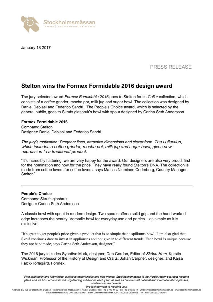 Stelton wins the Formex Formidable 2016 design award