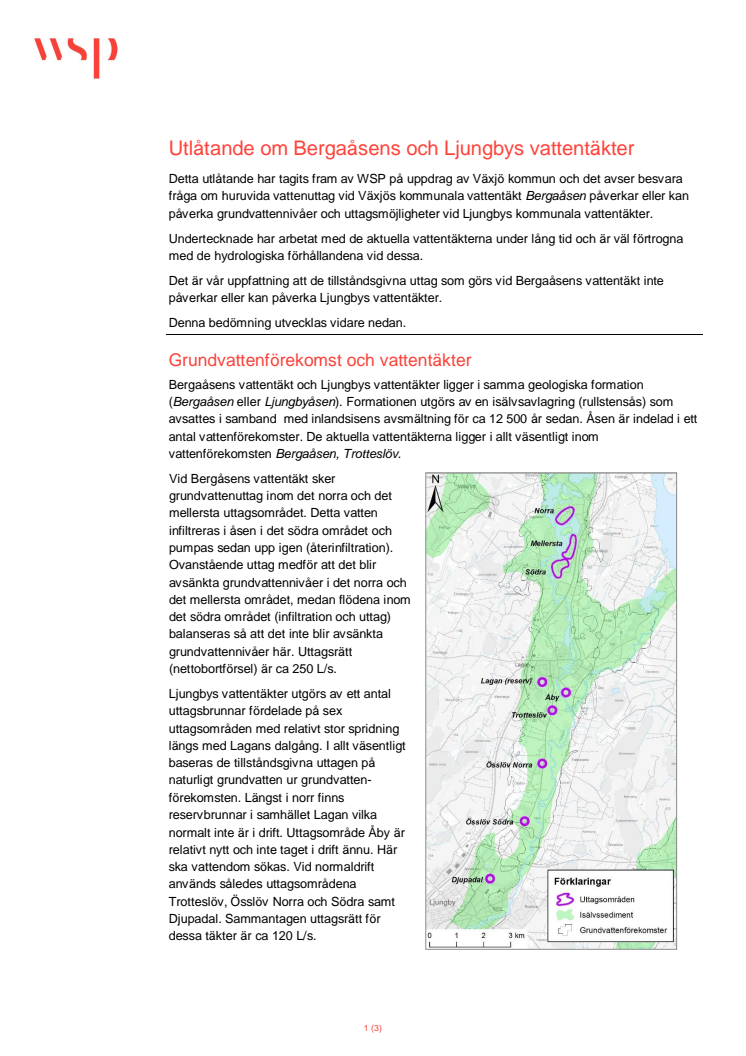 Utlåtande om Bergaåsens och Ljungbys vattentäkter