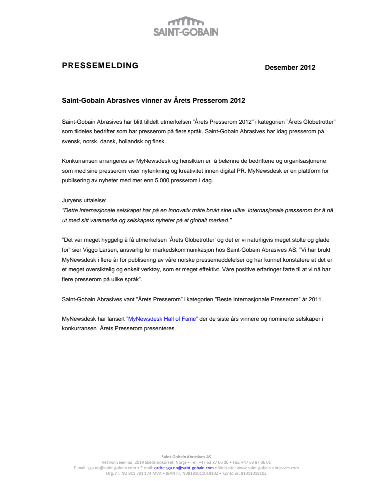 Saint-Gobain Abrasives AS vinner årets Presserom 2012