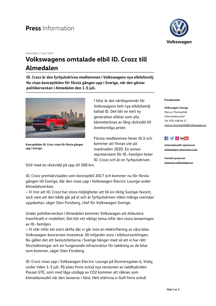 Volkswagens omtalade elbil ID. Crozz till Almedalen