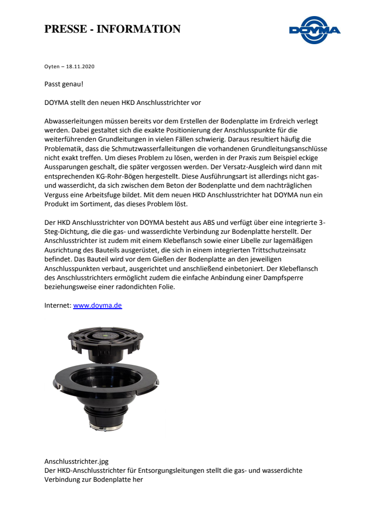 DOYMA-Pressemitteilung: Produktneuheit: HKD Anschlusstrichter