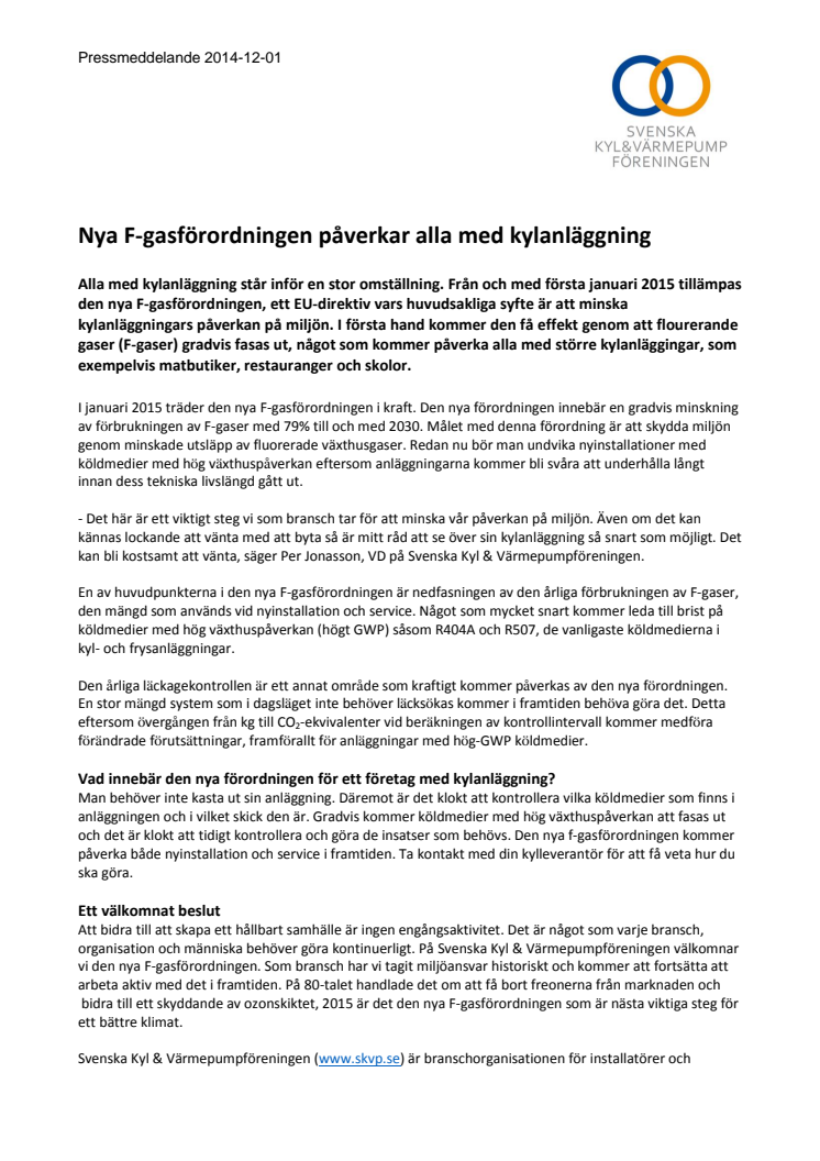 ​Nya F-gasförordningen påverkar alla med kylanläggning