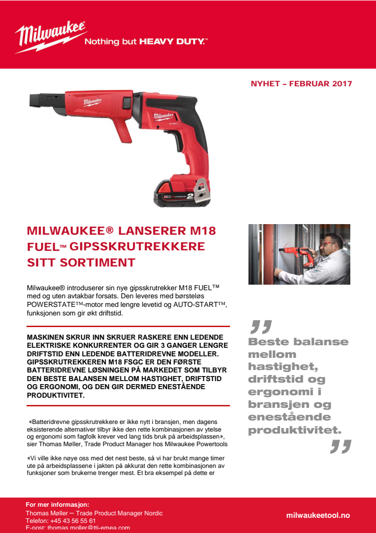 MILWAUKEE® LANSERER M18 FUEL™ GIPSSKRUTREKKERE SITT SORTIMENT