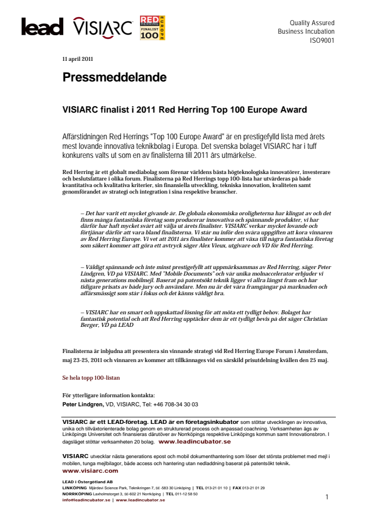 VISIARC finalist i 2011 Red Herring Top 100 Europe Award