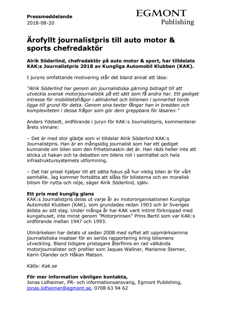 Ärofyllt journalistpris till auto motor & sports chefredaktör