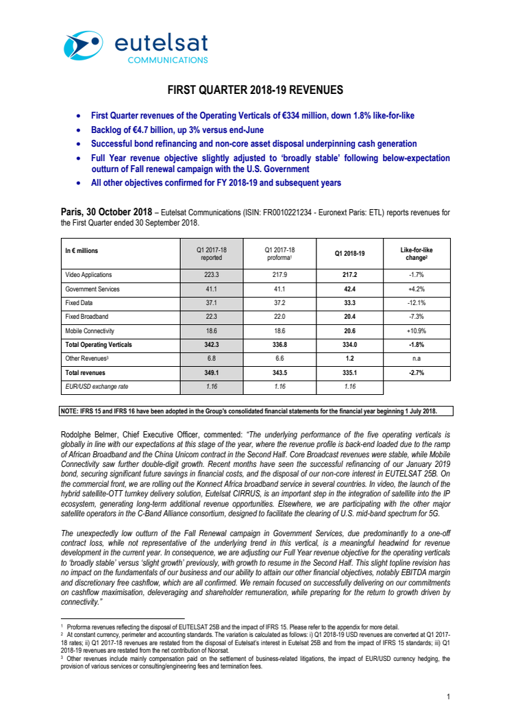 EUTELSAT COMMUNICATIONS FIRST QUARTER  2018-19 RESULTS