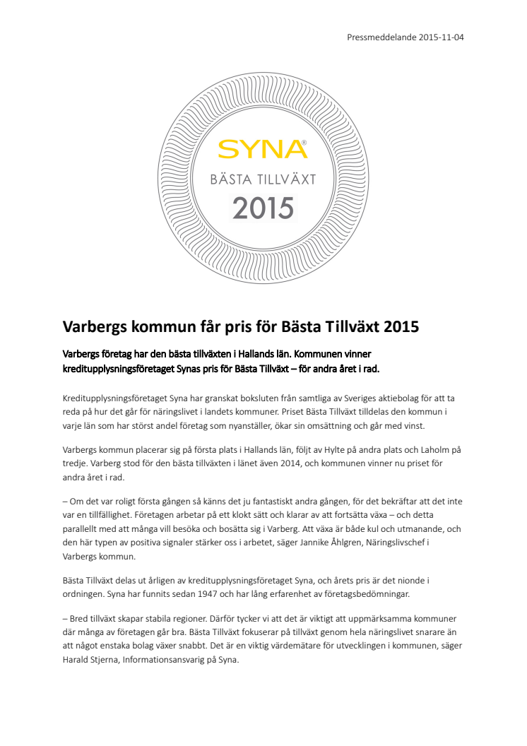Varbergs kommun får pris för Bästa Tillväxt 2015
