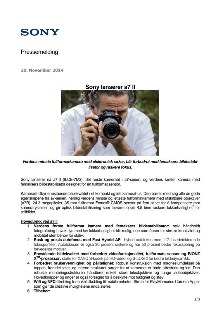 Sony lanserer a7 ll