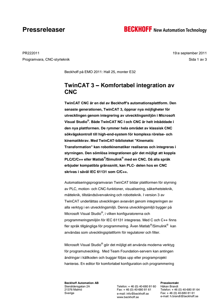 TwinCAT 3 från Beckhoff - komfortabel integrering av CNC