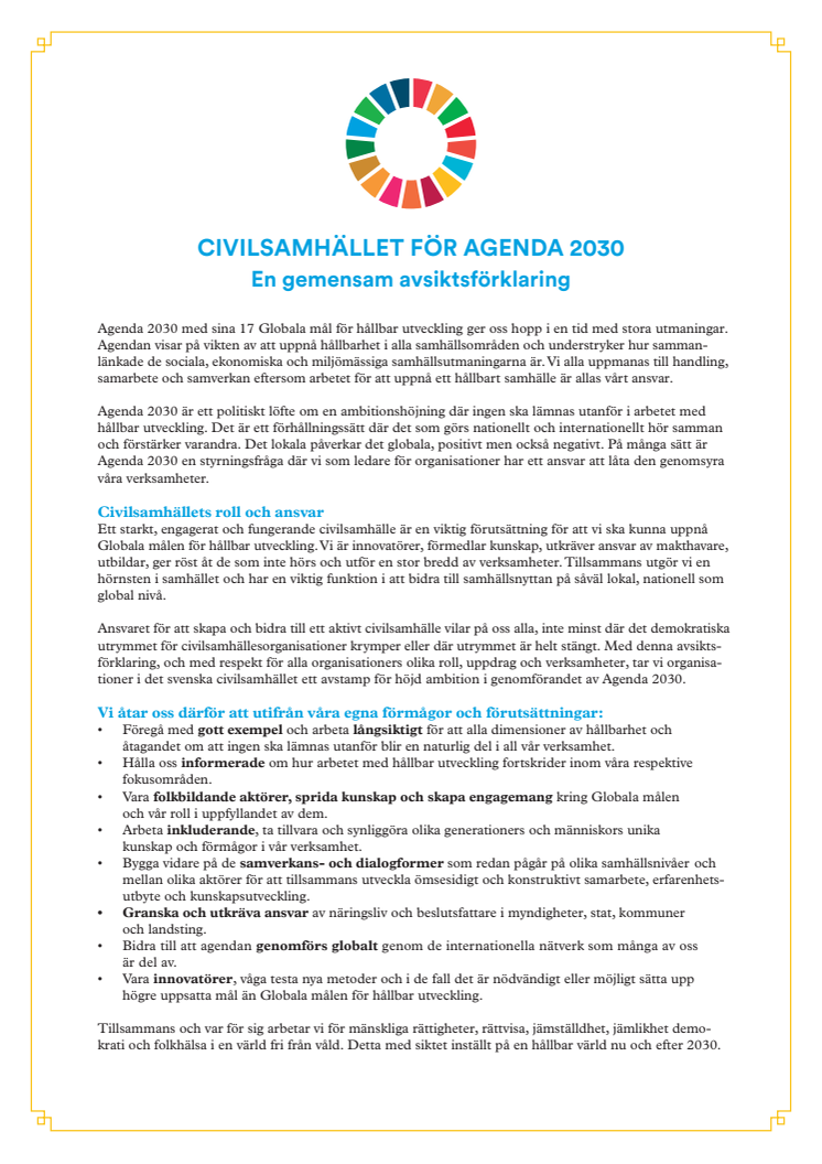 Civilsamhället för Agenda 2030 - avsiktsförklaring