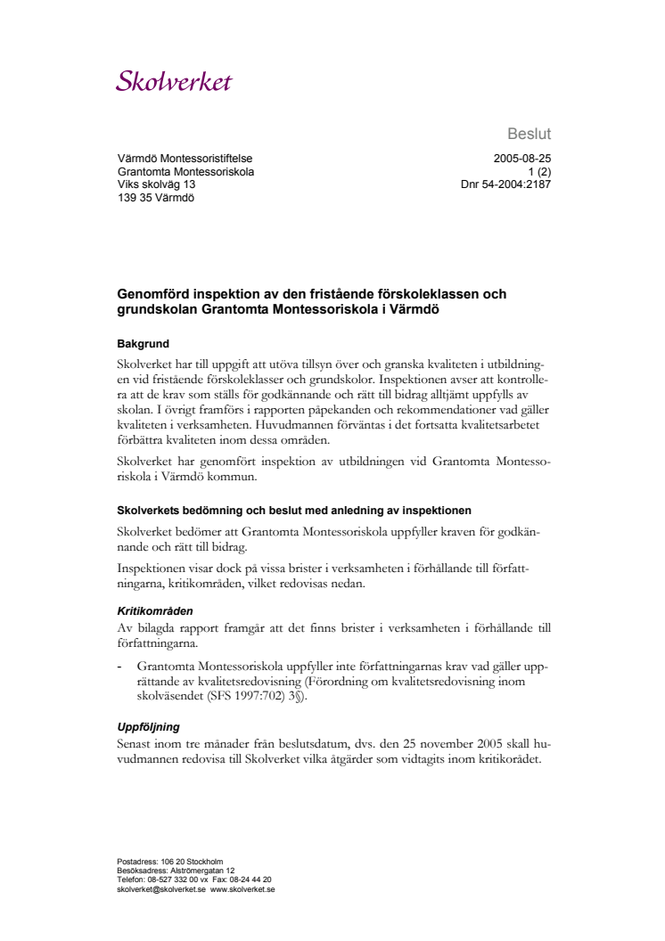 Skolverkets rapport om Grantomta Montessoriskola