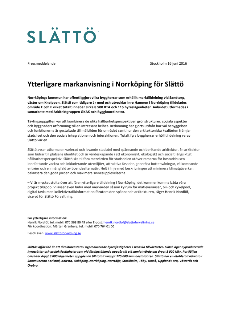 Ytterligare markanvisning i Norrköping för Slättö