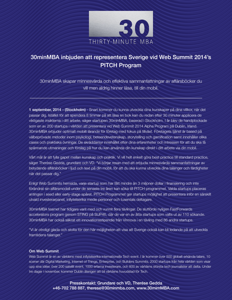 30minMBA inbjuden att representera Sverige vid Web Summit 2014’s ALPHA Program