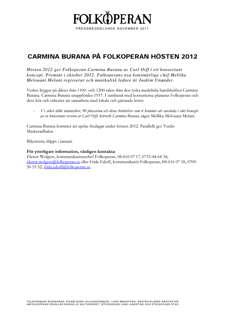 Carmina Burana på Folkoperan hösten 2012