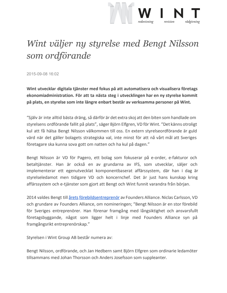 Wint väljer ny styrelse med Bengt Nilsson som ordförande