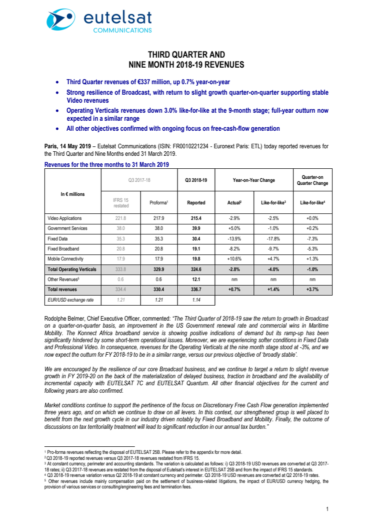 THIRD QUARTER AND  NINE MONTH 2018-19 REVENUES  