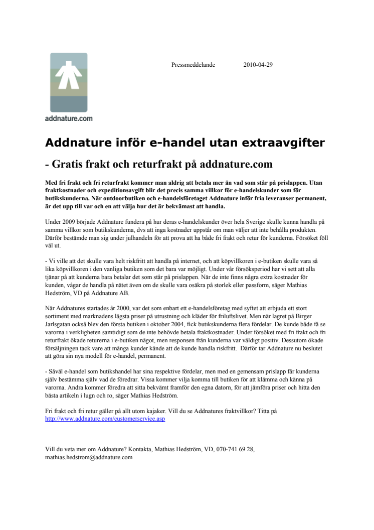 Addnature inför e-handel utan extraavgifter - Gratis frakt och returfrakt på addnature.com
