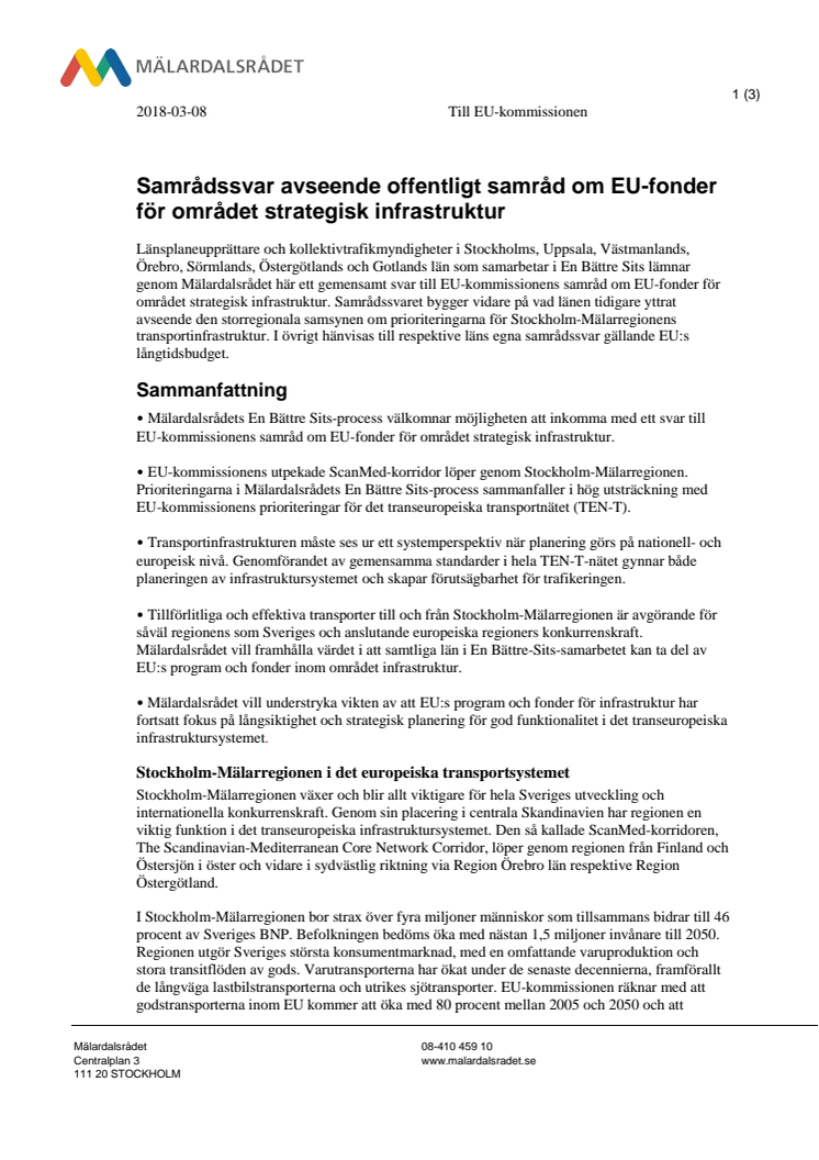 Samrådssvar avseende offentligt samråd om EU-fonder för området strategisk infrastruktur