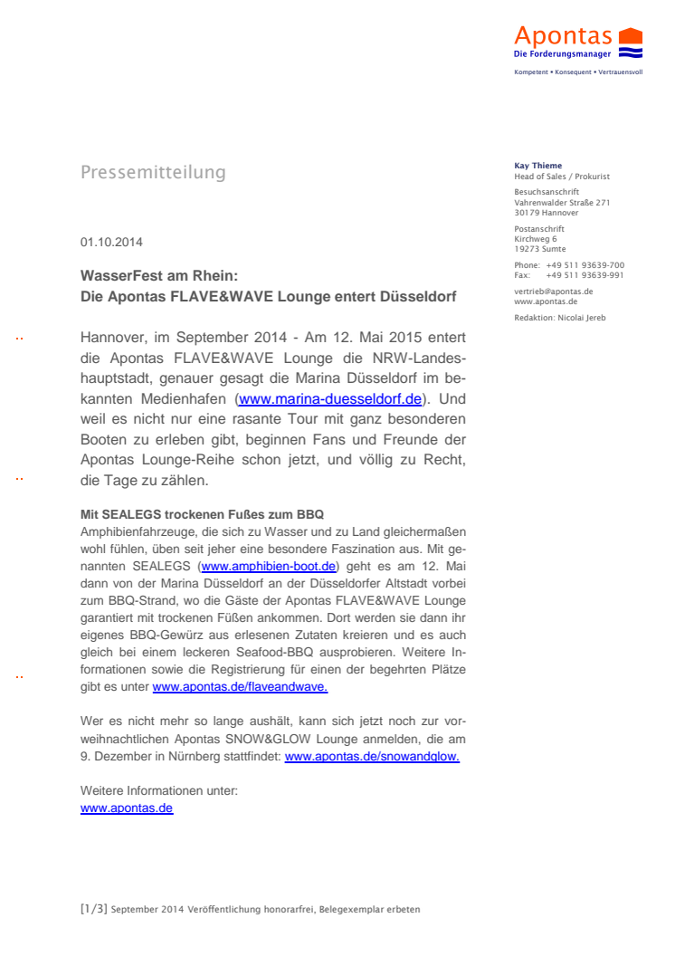 WasserFest am Rhein: Die Apontas FLAVE&WAVE Lounge entert Düsseldorf 
