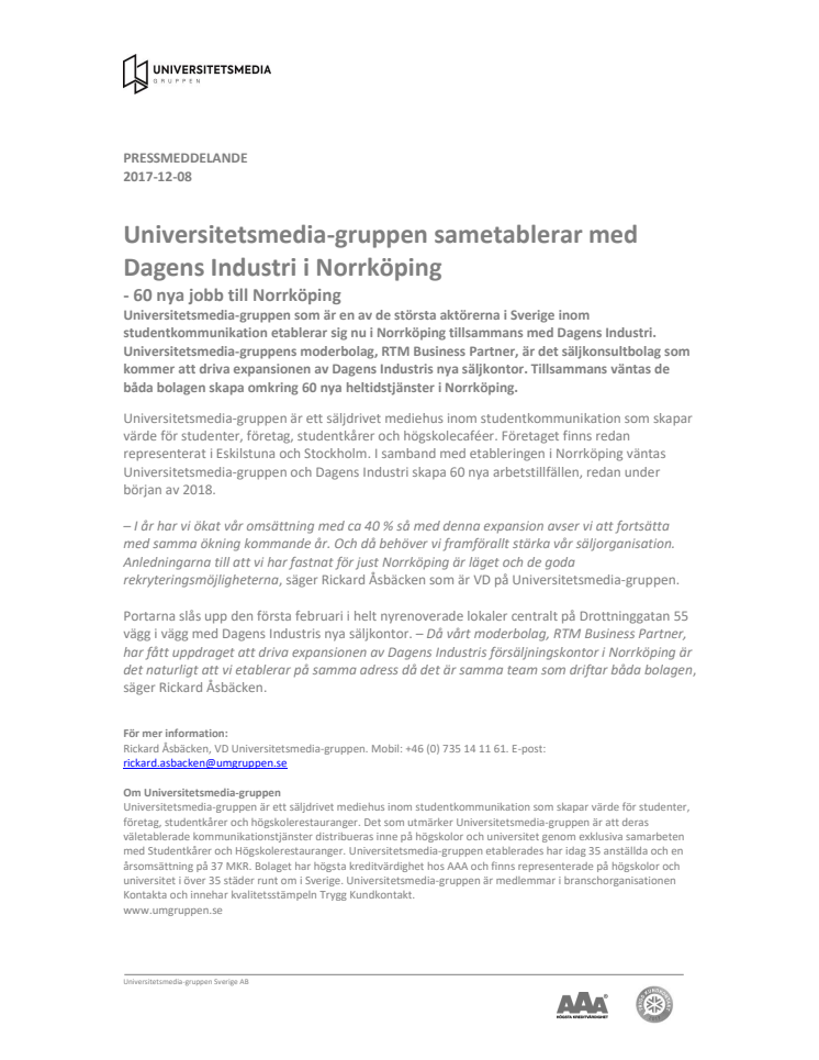 Universitetsmedia-gruppen sametablerar med Dagens Industri i Norrköping - 60 nya jobb 