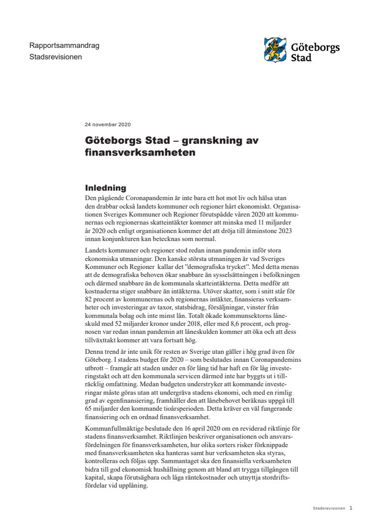 Rapportsammandrag – Granskning av Göteborgs Stads finansverksamhet
