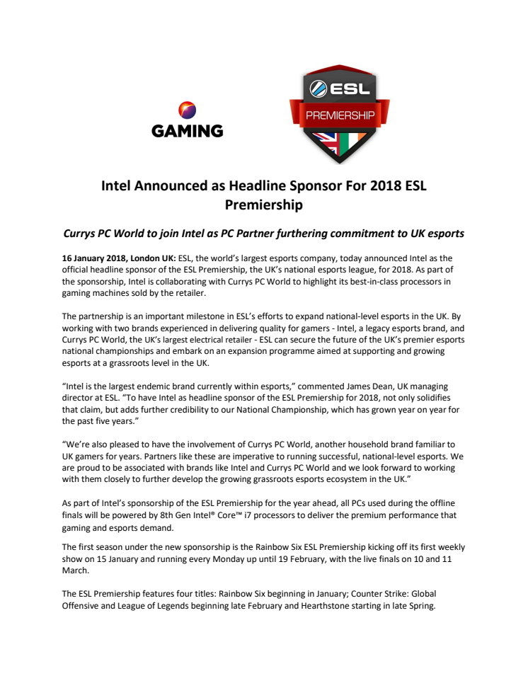 Intel Announced as Headline Sponsor For 2018 ESL Premiership