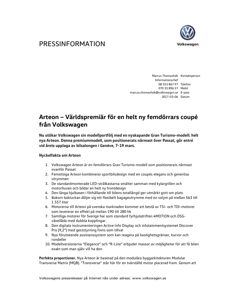 Arteon – Världspremiär för en helt ny femdörrars coupé  från Volkswagen
