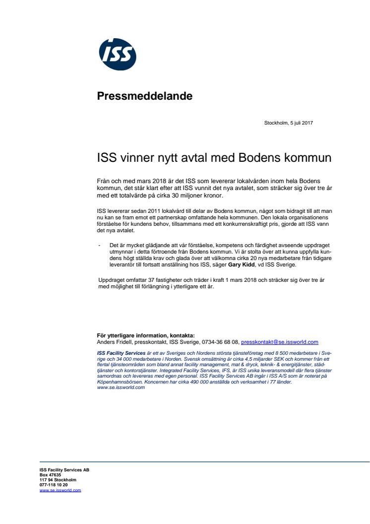 ISS vinner nytt avtal med Bodens kommun