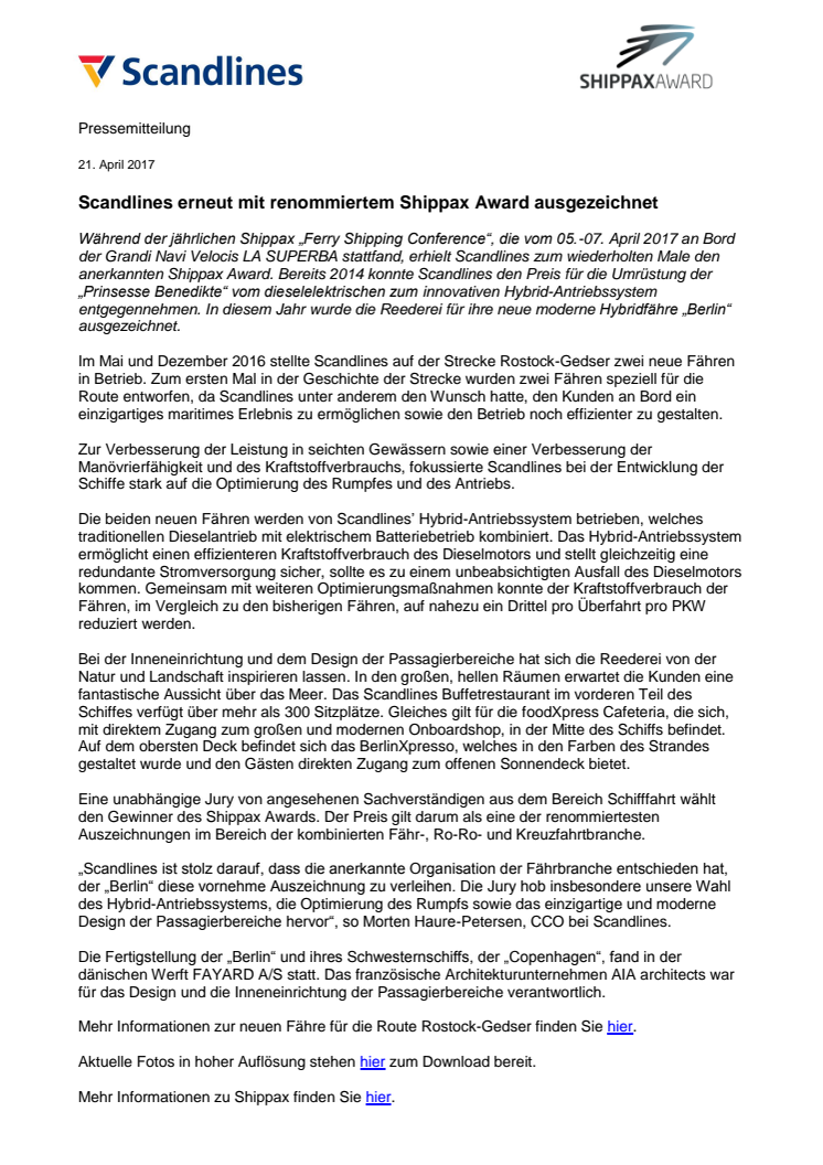 Scandlines erneut mit renommiertem Shippax Award ausgezeichnet 