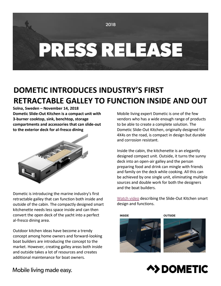 METSTRADE - Dometic: Dometic Introduces Industry’s First Retractable Galley to Function Inside and Out