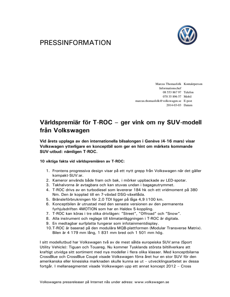 Världspremiär för T-ROC – ger vink om ny SUV-modell från Volkswagen