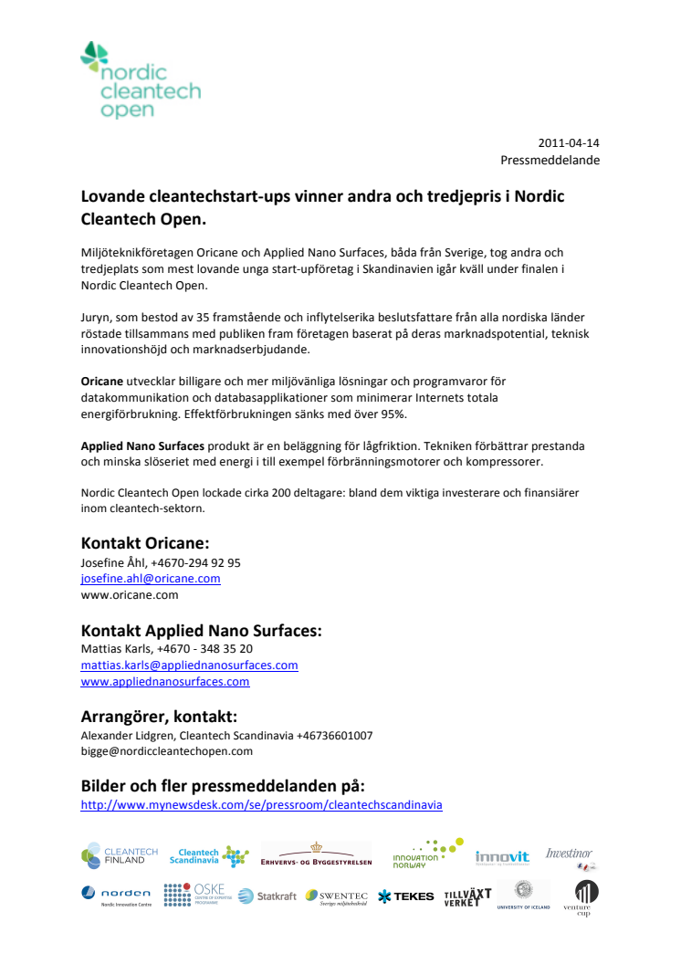 Lovande cleantechstart-ups vinner andra och tredjepris i Nordic Cleantech Open.