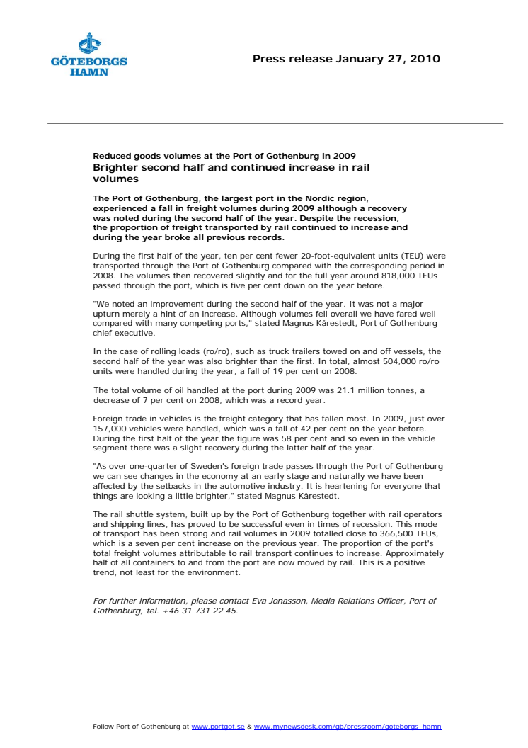 Reduced goods volumes at the Port of Gothenburg in 2009 - Brighter second half and continued increase in rail volumes