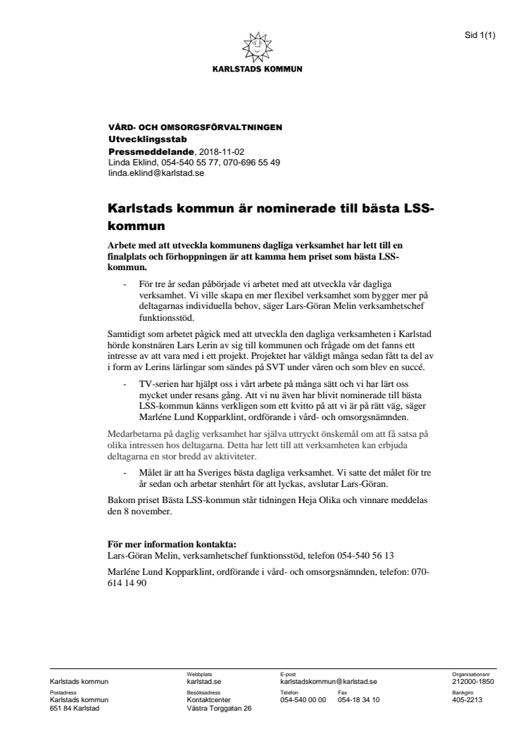 Karlstads kommun är nominerade till årets LSS-kommun