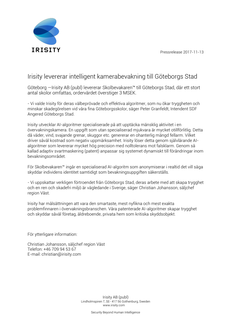 Irisity levererar intelligent kamerabevakning till Göteborgs Stad