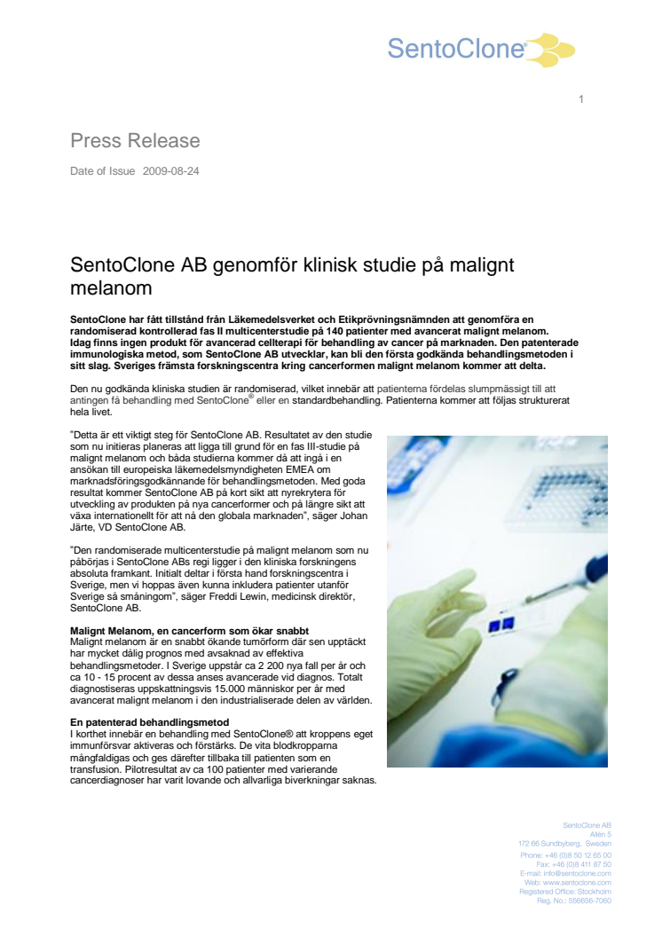 SentoClone AB genomför klinisk studie på malignt melanom