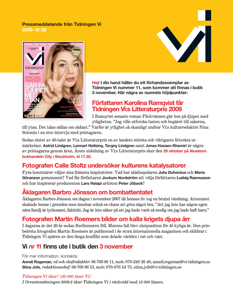Innehåll i Tidningen Vi nr 11, i butik 3 november.