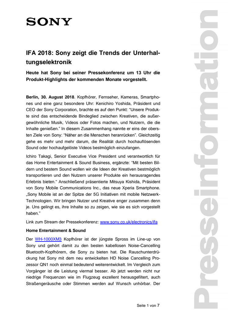 IFA 2018: Sony zeigt die Trends der Unterhaltungselektronik